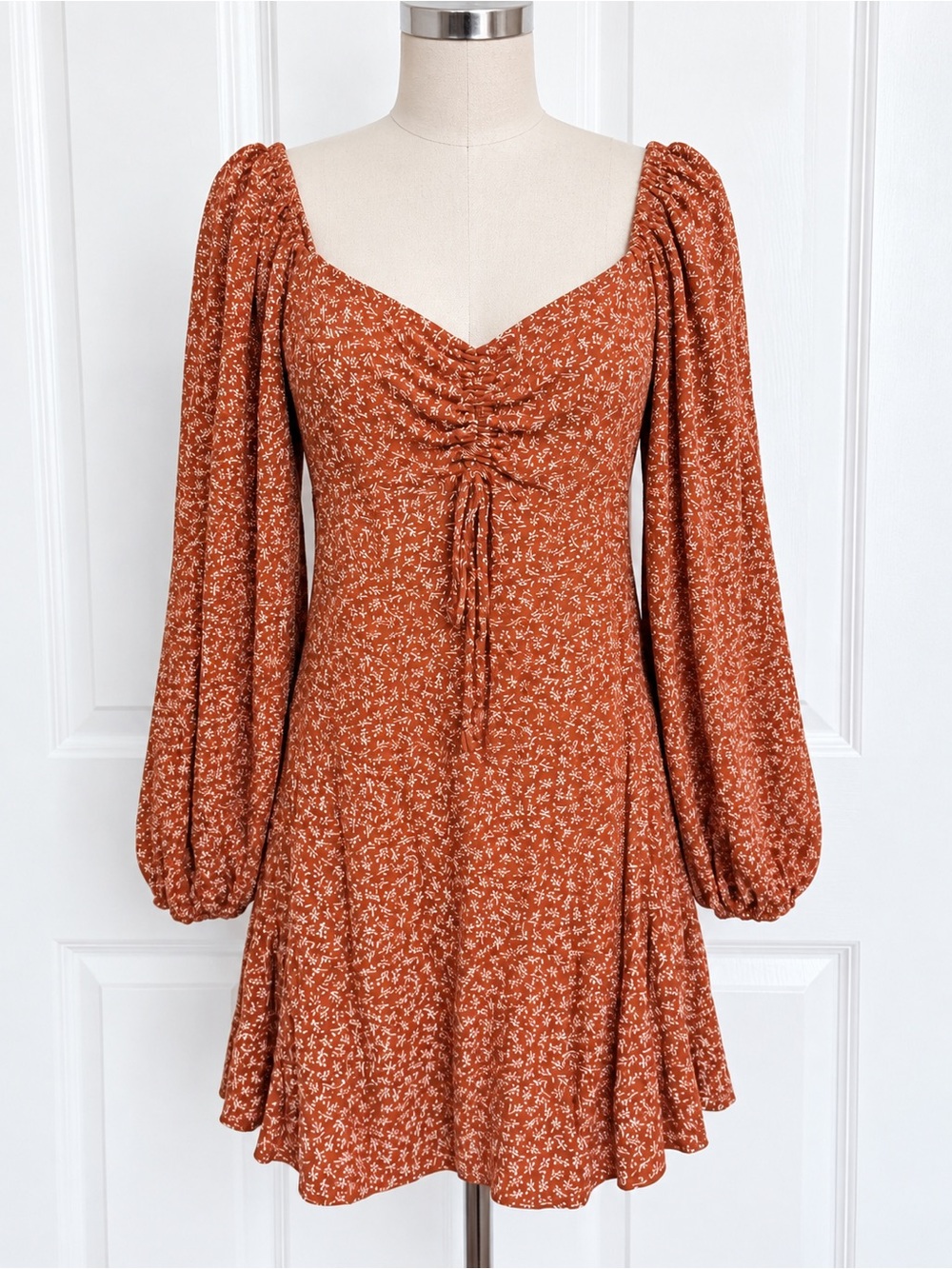 Copper Key Rust Floral Puff-Sleeve Mini Dress